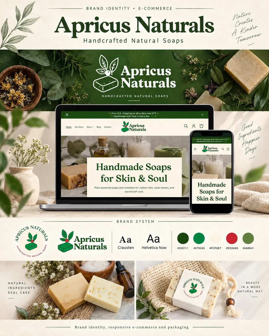 Apricus Naturals Shopify store shown on desktop and mobile devices with natural soap products, designed by The Foxsy Designs.