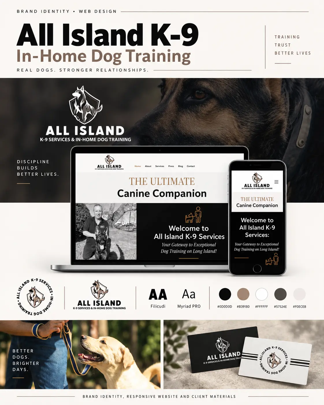 All Island K-9 Services responsive website shown on desktop and mobile devices, designed by The Foxsy Designs.